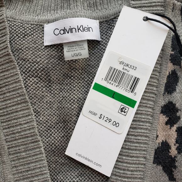 New Calvin Klein Large Open Front Cardigan Sweater Leopard Animal Print Gray L - Picture 7 of 7